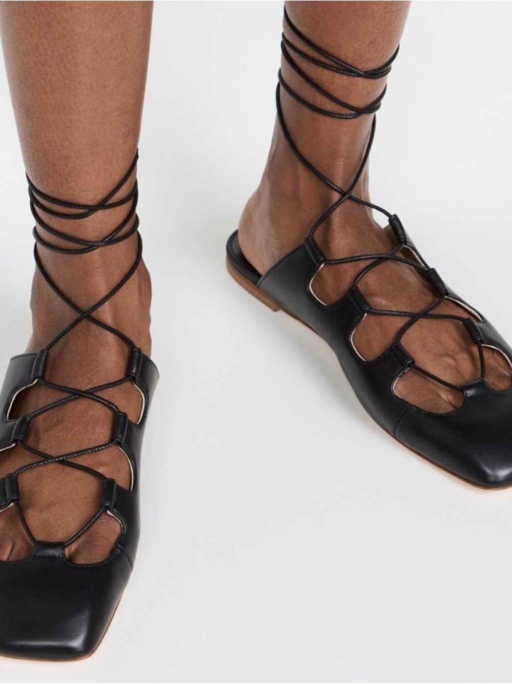 Women's Black Lace-Up Cutout Flats